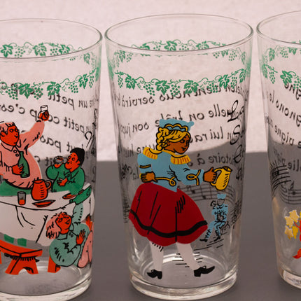Set de 5 verres sur le thème de la vigne avec dessins et textes de chansons