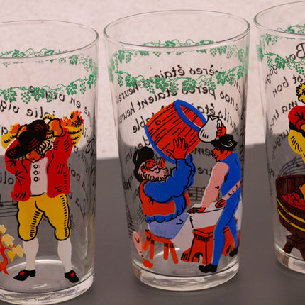 Set de 5 verres sur le thème de la vigne avec dessins et textes de chansons