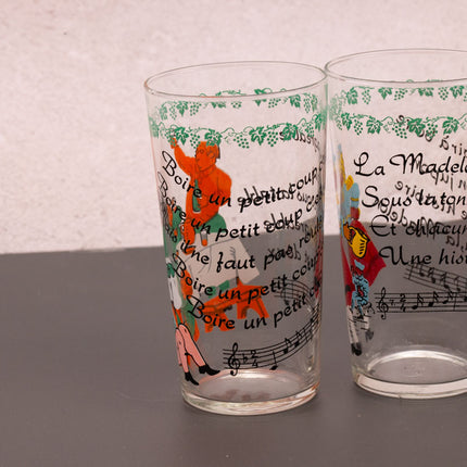 Set de 5 verres sur le thème de la vigne avec dessins et textes de chansons