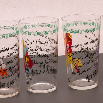 Set de 5 verres sur le thème de la vigne avec dessins et textes de chansons