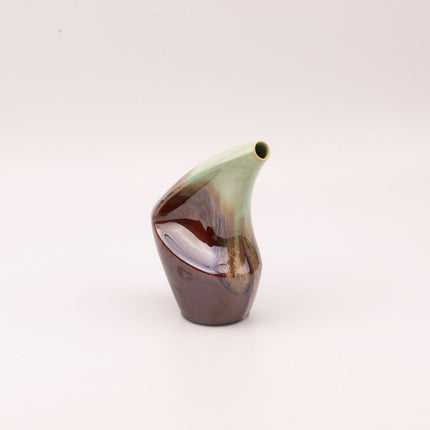 Vase asymétrique en grès à ouverture inclinée  - Turquoise et marron