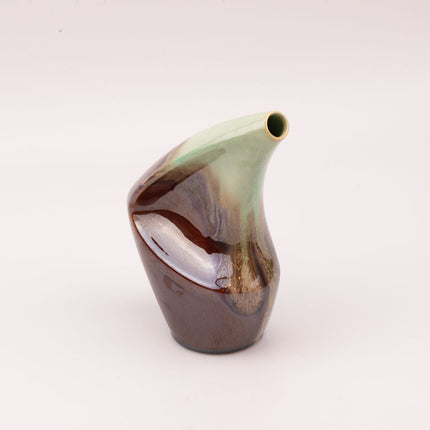 Vase asymétrique en grès à ouverture inclinée  - Turquoise et marron