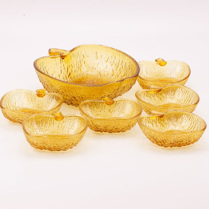 Service (1 plat et 6 coupelles) à fruits en forme de pomme en verre ambré transparent