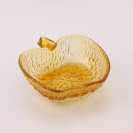 Fruitservies van amberkleurig glas in de vorm van een appel (1 schaal en 6 kommen)