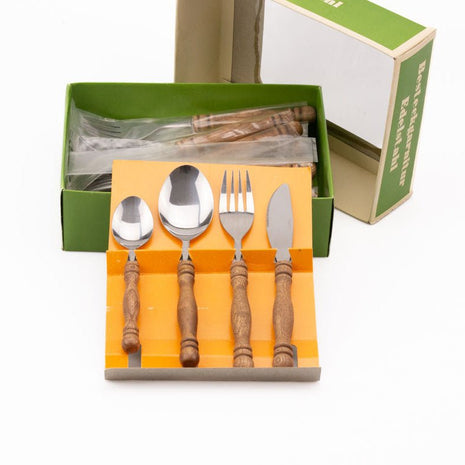 Set de 26 couverts vintage inox et manche en bois dans leur boîte argenté