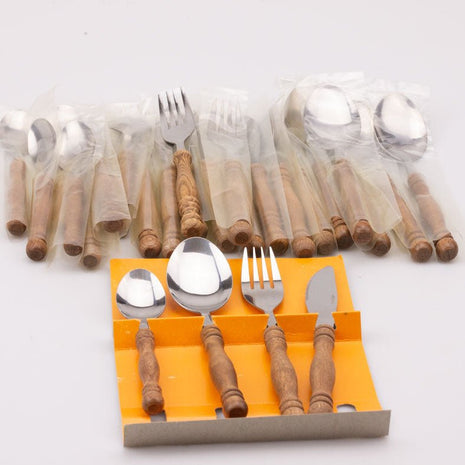 Set de 26 couverts vintage inox et manche en bois dans leur boîte
