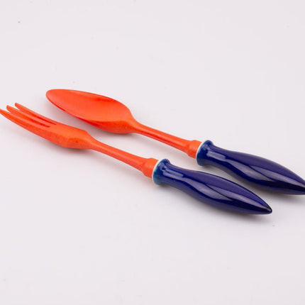 Set vintage couverts à salade sel et poivre orange et bleu