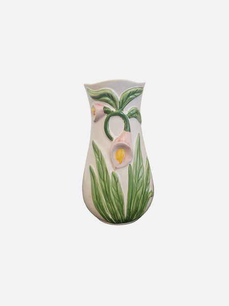 Grand vase blanc vintage en barbotine fleurs d'Arum