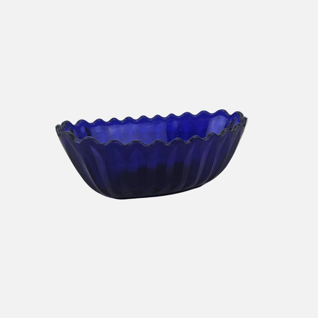 Plat saladier ovale bleu cobalt en verre extrémités ondulés