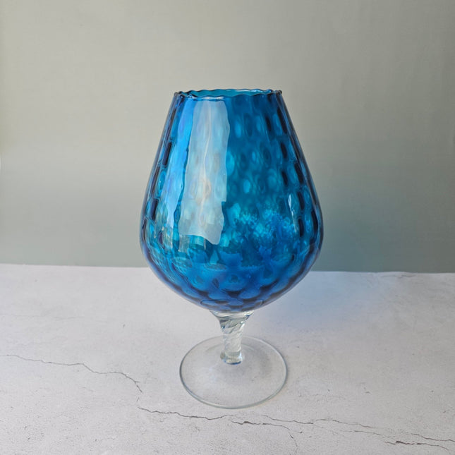 Vase verre soufflé bleu sur pied art d'Empoli