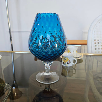 Vase verre soufflé bleu sur pied art d'Empoli