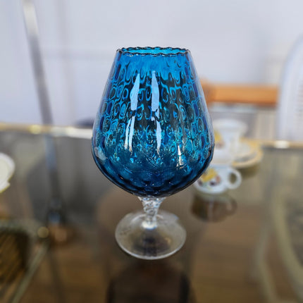 Vase verre soufflé bleu sur pied art d'Empoli