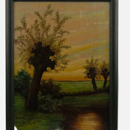 Tableau "Paysage rivière et arbres" par P.Maes 1951