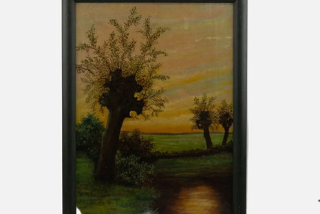 Tableau "Paysage rivière et arbres" par P.Maes 1951