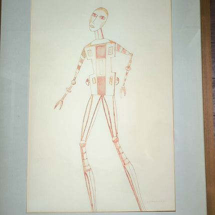 Dessin "Robot" de Guy Vanderlick dans cadre en bois