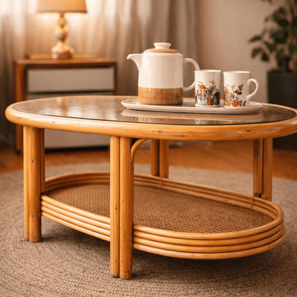 Table de salon rotin avec plateau supérieur en verre