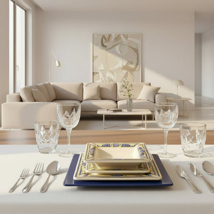 Service Tiffany blanc carré avec un décor bleu et jaune pour 4 personnes (18 pièces)