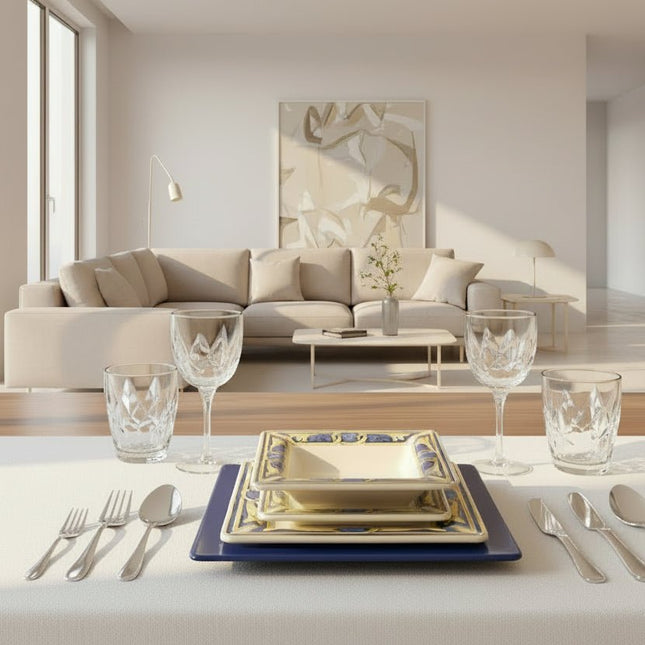 Service Tiffany blanc carré avec un décor bleu et jaune pour 4 personnes (18 pièces)
