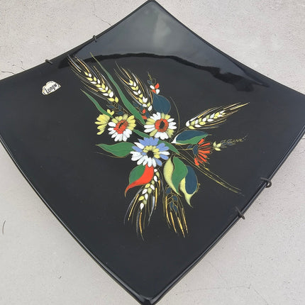 Plat présentoir noir Longwy collection Bouquet champêtre France 