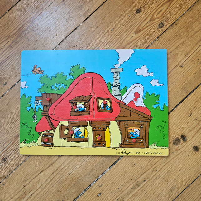 Puzzle à encastrement vintage en bois Les Schtroumpfs - Maison champignon Peyo 1991
