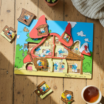 Puzzle à encastrement vintage en bois Les Schtroumpfs - Maison champignon Peyo 1991