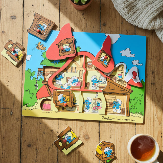 Puzzle à encastrement vintage en bois Les Schtroumpfs - Maison champignon Peyo 1991