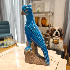 Statuette perroquet cacatoès en céramique émaillée turquoise 30 cm
