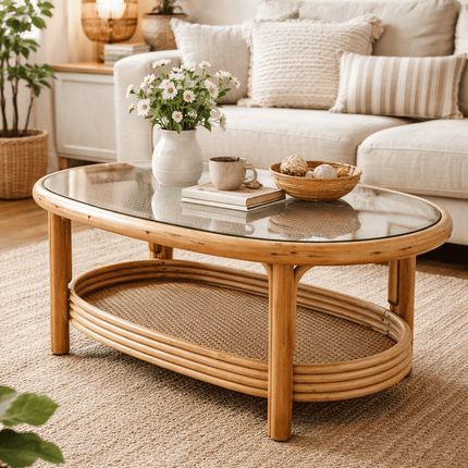 Table de salon rotin avec plateau supérieur en verre