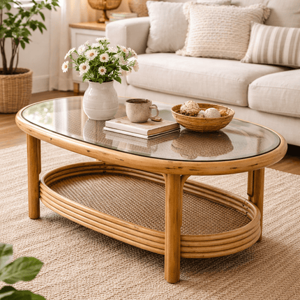 Table de salon rotin avec plateau supérieur en verre