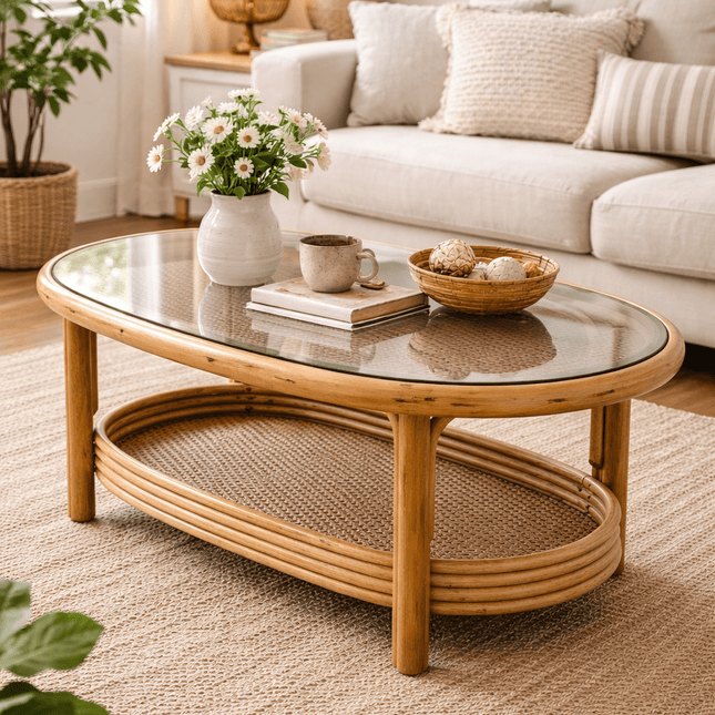 Table de salon rotin avec plateau supérieur en verre