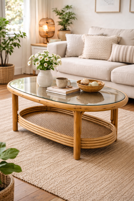 Table de salon rotin avec plateau supérieur en verre