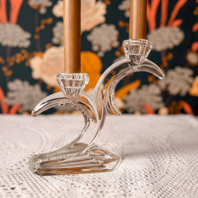 Bougeoir vintage à 2 têtes transparent en cristal - Allemagne Art Déco