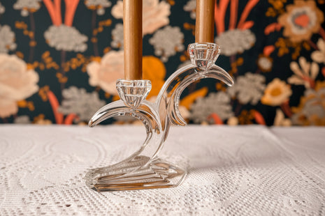 Bougeoir vintage à 2 têtes transparent en cristal - Allemagne Art Déco