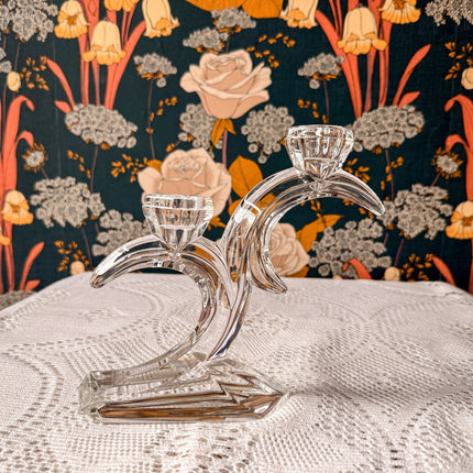 Bougeoir vintage à 2 têtes transparent en cristal - Allemagne Art Déco