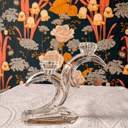 Bougeoir vintage à 2 têtes transparent en cristal - Allemagne Art Déco