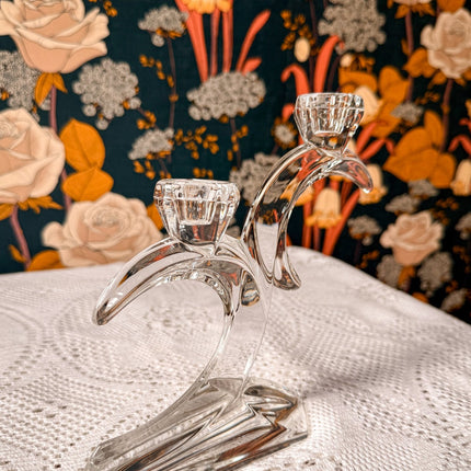 Bougeoir vintage à 2 têtes transparent en cristal - Allemagne Art Déco