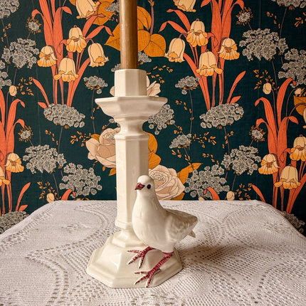 Bougeoir vintage en porcelaine blanche avec colombe Italie