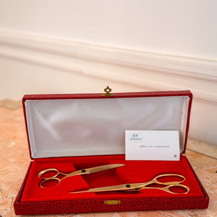 Ciseaux vintage dorés Alain Delépée - boîte d'origine rouge