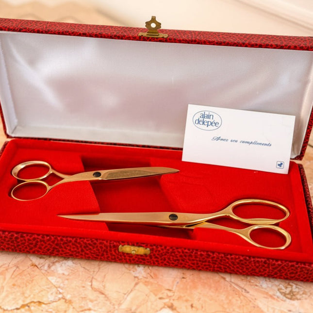 Ciseaux vintage dorés Alain Delépée - boîte d'origine rouge