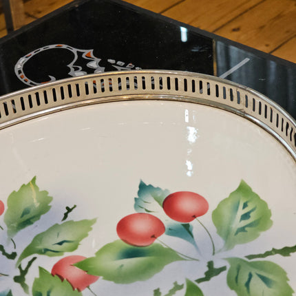 Plateau ovale Art Déco faïence et métal ajouré cerises - Réf 3525924A