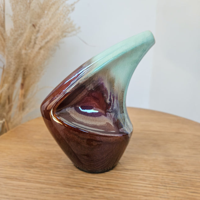 Vase asymétrique en grès à ouverture inclinée  - Turquoise et marron