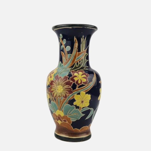 Grand vase en céramique multicolore et décor floral signé NT