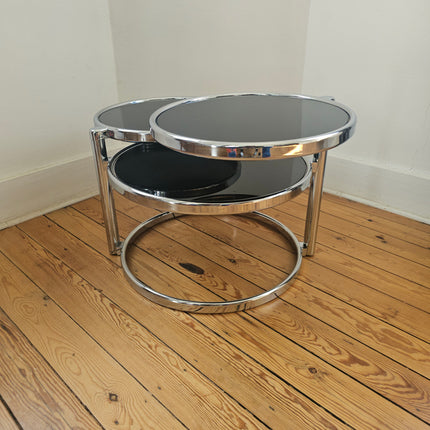 Table basse vintage 3 niveaux à plateaux pivotants en métal chromé et verre fumé - Space Age Années 70