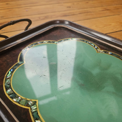 Plateau vintage en bois, verre et nacre