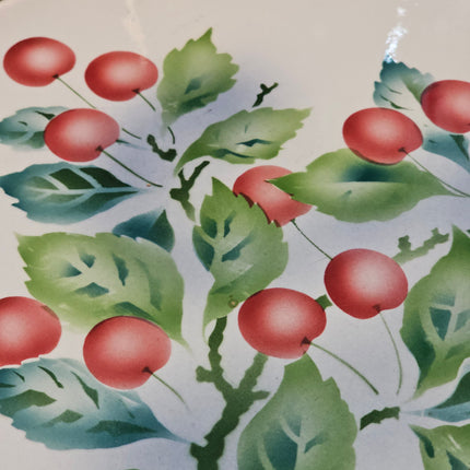 Plateau ovale Art Déco faïence et métal ajouré cerises - Réf 3525924A