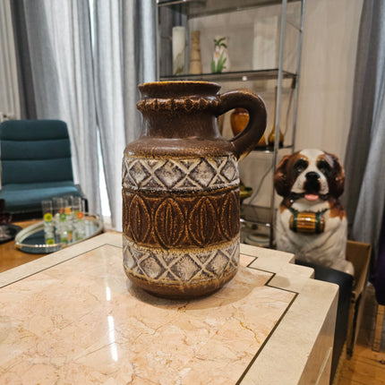 Vase cruche ancien brun et blanc à anse Bay West Germany 9325