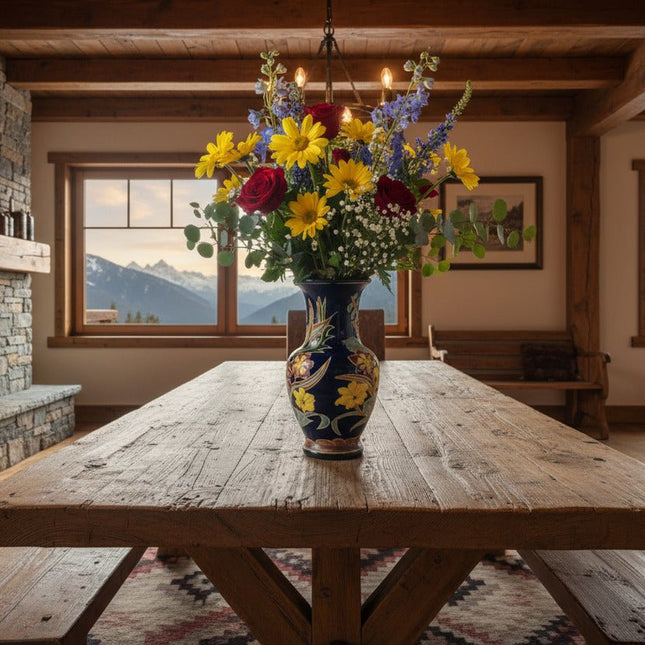 Grand vase en céramique multicolore et décor floral signé NT
