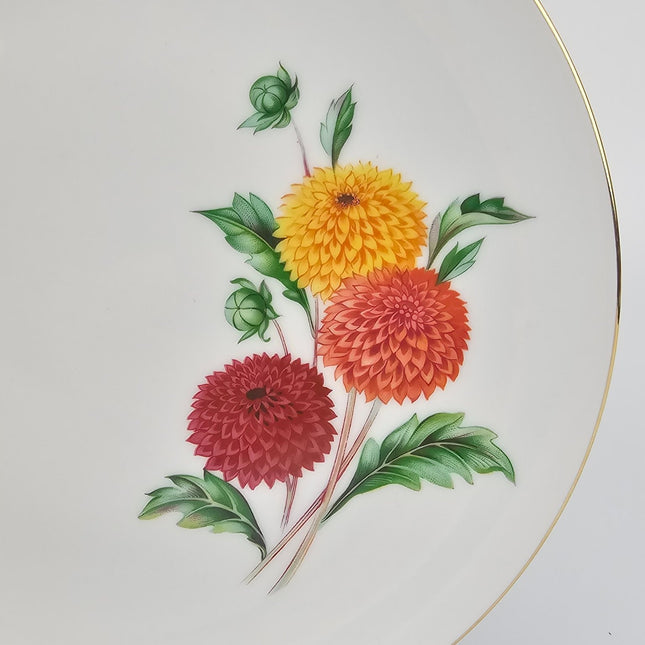 12 assiettes plates en porcelaine Wunsiedel blanches avec des motifs de dahlias