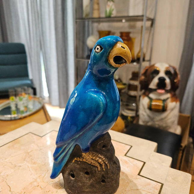 Statuette perroquet en faïence émaillée bleu turquoise 23 cm