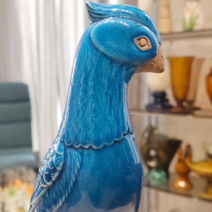 Statuette perroquet cacatoès en céramique émaillée turquoise 30 cm